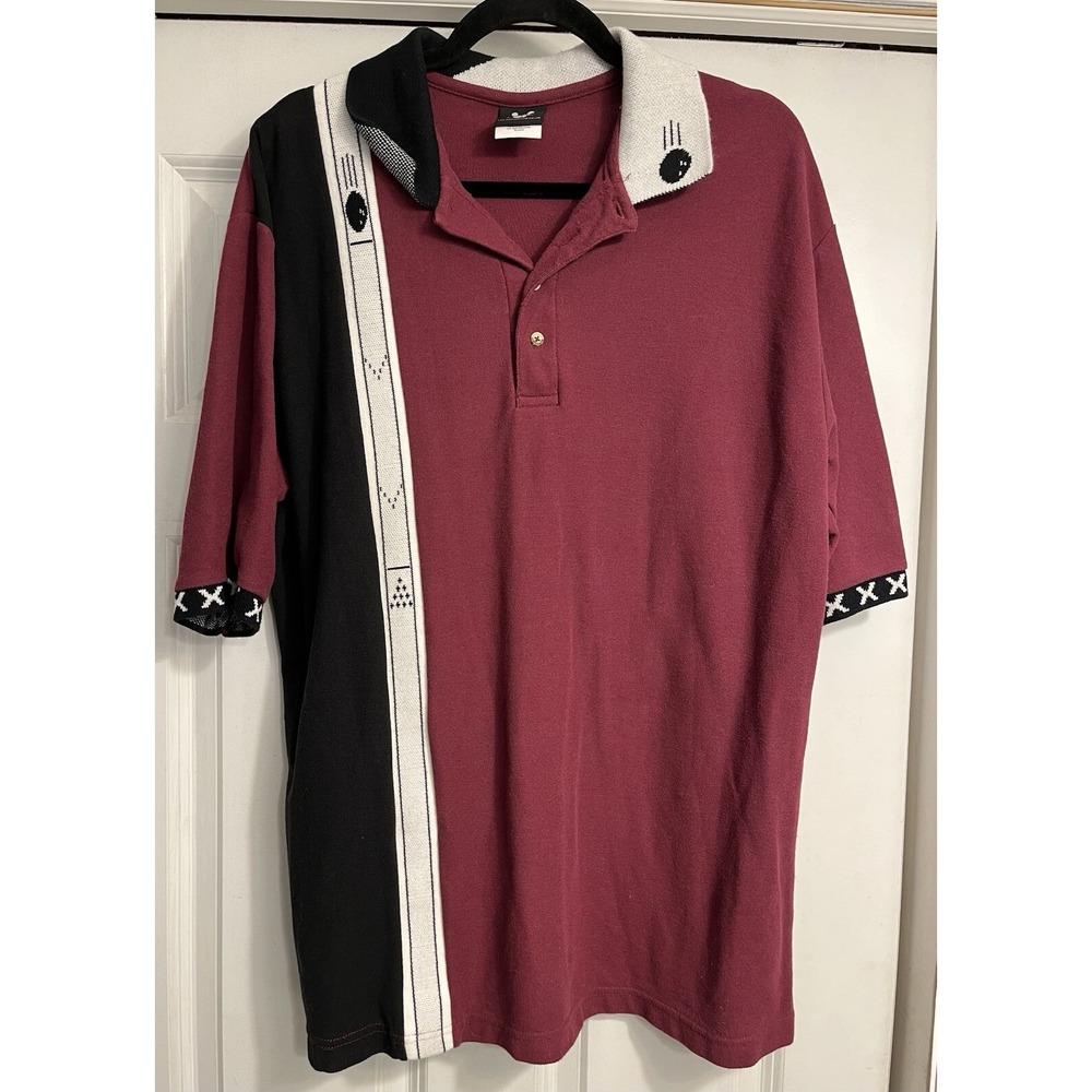 Vtg 70s 80s Hilton Black Red Polo Shirt XL Bowling Lane Strikes Ball Retro